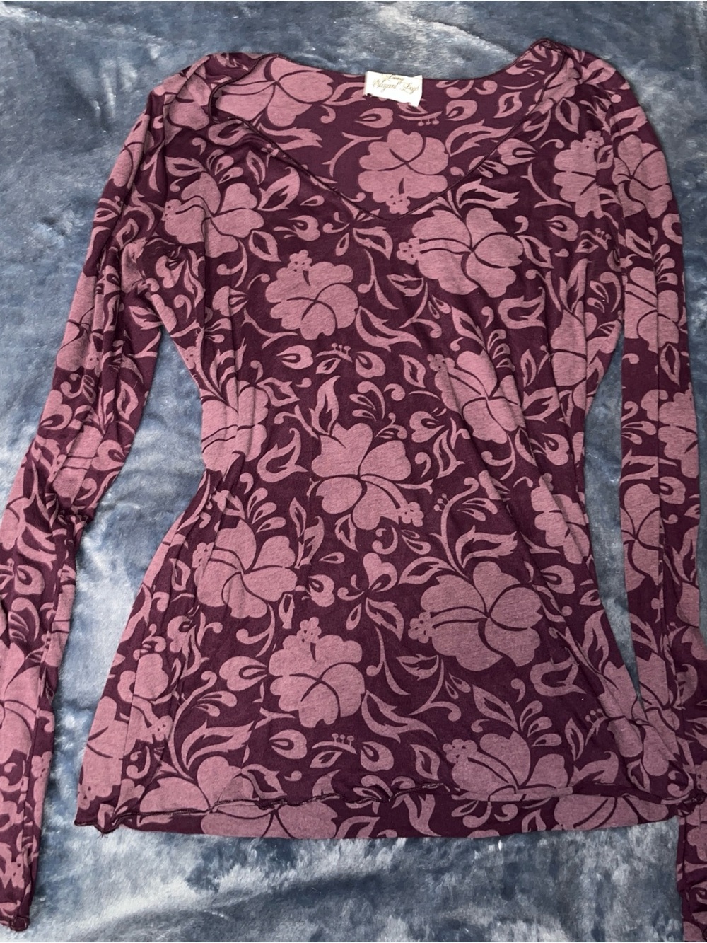 Long Elegant Legs Plum Floral Long Sleeve V-Neck Top
